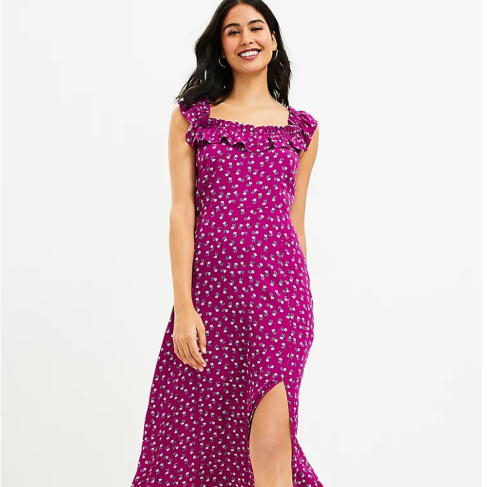 NWT - Loft  Floral Ruffle Square Neck Midi Dress